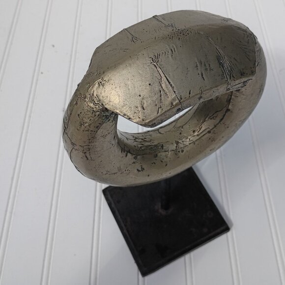 Metal Ring Sculpture on Cast Iron Stand Gilt Distressed Aluminum Wrapped Statue - Picture 5 of 10